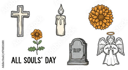 All souls day illustration with cross candle flower tombstone and angel on black background