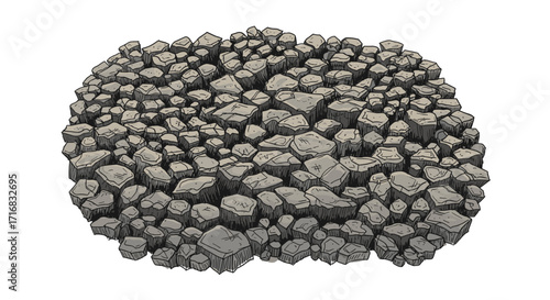 A pile of rough angular gray stones and rocks viewed from above on a black background
