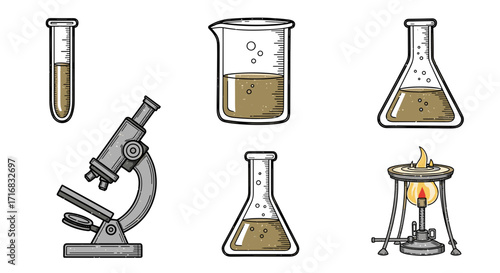 Scientific laboratory equipment including a microscope test tubes beakers flasks and a bunsen burner on a black background
