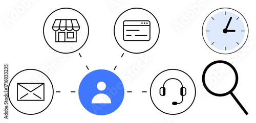 Human figure at the center connecting to icons of shop, email, browser, headset, magnifier, and clock. Ideal for customer service, connectivity, productivity e-commerce communication organization
