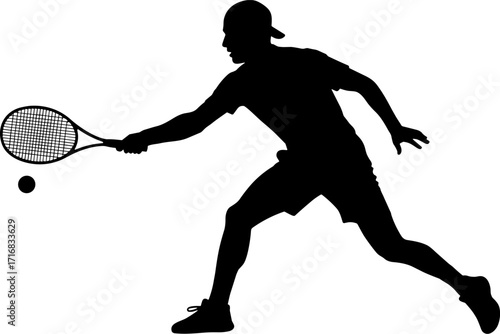 Tennis player mid-serve, ball tossed high, racket raised overhead, side profile silhouette