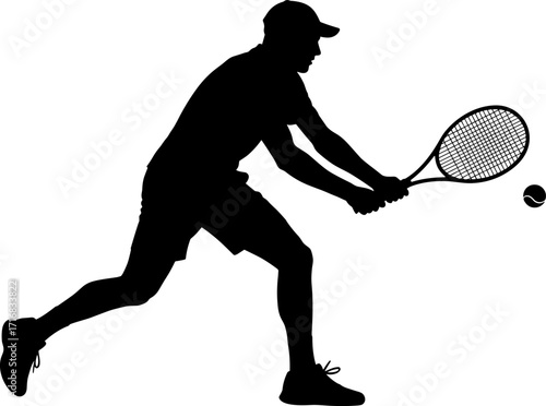 Tennis player mid-serve, ball tossed high, racket raised overhead, side profile silhouette