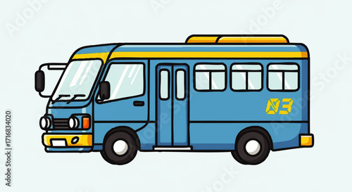 Cartoon blue and yellow bus ready for a fun filled adventure on the open road, a joyful illustration