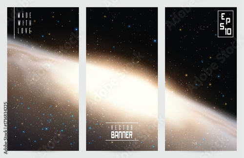 Spiral galaxy in outer space. Night starry sky. Cosmic banners vector set