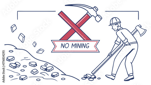 AntiMining Symbol with Crossed Hammer and Pickaxe over a Banner and a Miner