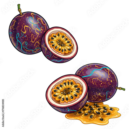 Hand Drawn Passion Fruit Illustration Isolated on White Background – Exotic Tropical Fruit