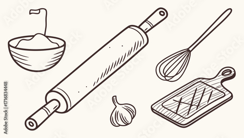 HandDrawn Kitchen Utensils Rolling Pin Whisk Cutting Board Bowl and Garlic