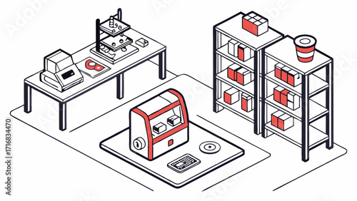 Isometric Illustration of a Modern Workshop with Various Equipment and Shelves