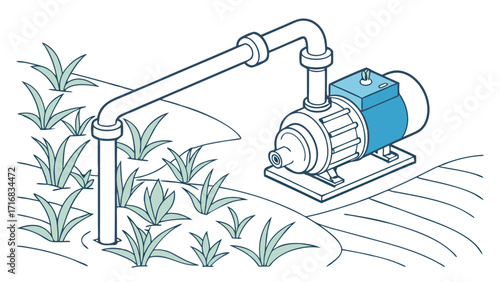 Isometric Illustration of a Water Pump Irrigating a Field of Crops