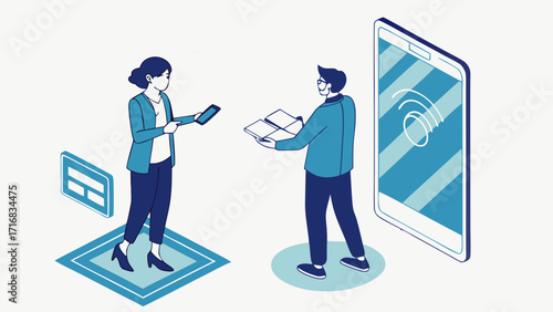 Isometric Illustration of Business Professionals Exchanging Information with Digital Devices