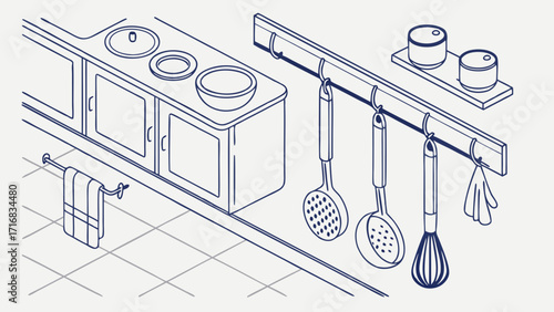 Isometric Kitchen Illustration Featuring Utensils Cabinets and Towel Rack