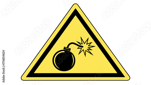 Yellow Warning Sign with Black Bomb Icon and Fuse Sparking Danger