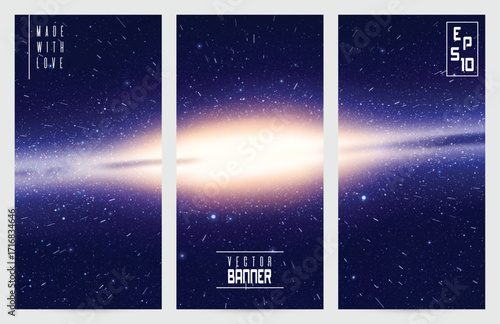 Bright galaxy in outer space. Stars in fast motion. Cosmic banners set