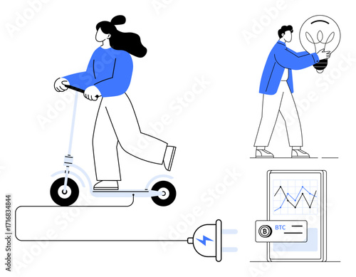 Woman riding electric scooter, figure holding bulb, power plug charging, smartphone with digital Bitcoin graph. Ideal for sustainability, green energy, mobility, creativity, fintech