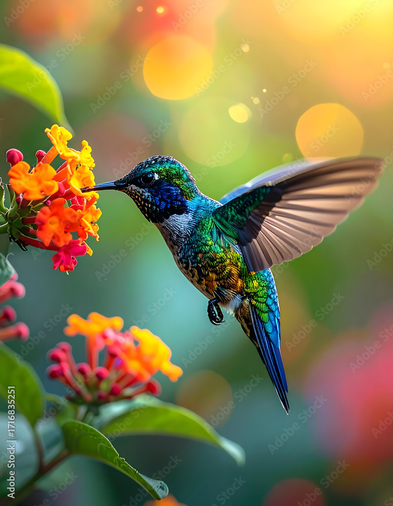 Obraz premium Vibrant tropical hummingbird hovering and drinking nectar in mid-air, colorful blue green yellow bird wildlife photo