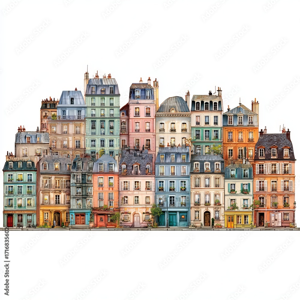 Fototapeta premium Colorful Urban Facade: An illustration captures the vibrant, picturesque scene of urban architecture featuring rows of colorful buildings, evoking a sense of charm and architectural beauty.