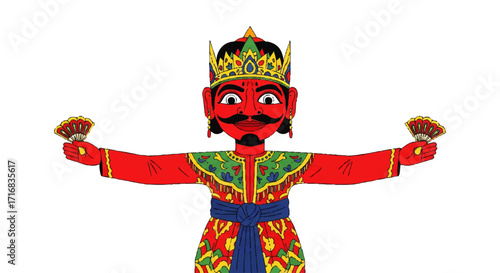 Vibrant Indonesian wayang golek puppet character with fans for cultural projects and design applications