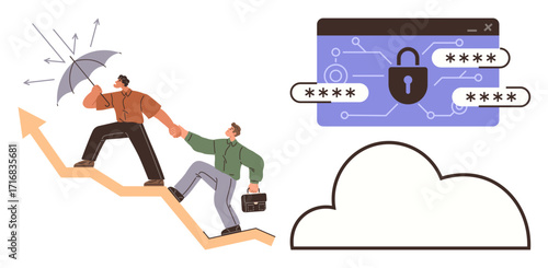 Two businesspeople climbing an upward arrow, protected by a shield umbrella, with a secure cloud and password-protected interface. Ideal for teamwork, leadership, cybersecurity, cloud computing, risk