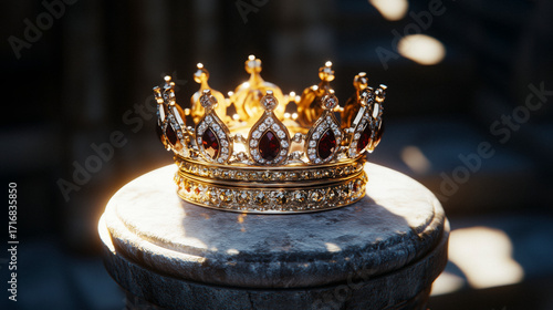Middle Ages royal crown placed on stone pedestal inside shadowed hall, crafted from aged metal and rare jewels, palette of bronze, garnet, and charcoal grey, symbol of ancient dominion and legacy