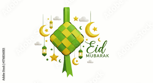 Celebrate Eid Mubarak with festive decorations of ketupat, moon, stars, and lanterns for warm greetings
