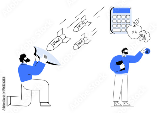 DDoS attack missiles launched toward a defender holding a shield. A professional observes and holds a security token. Ideal for cybersecurity, data protection, risk management, online security