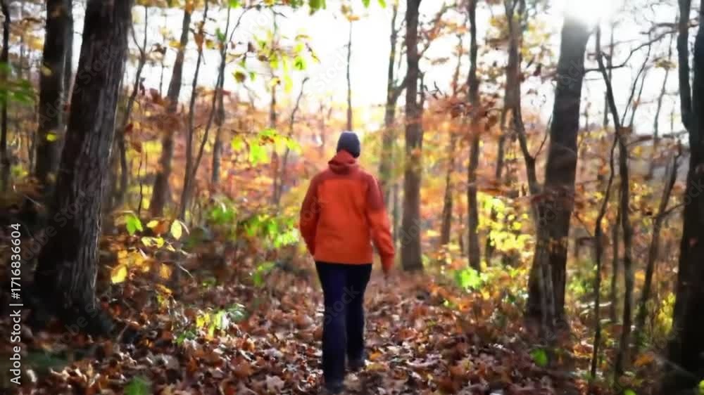 Person in orange jacket walking through autumn forest landscape