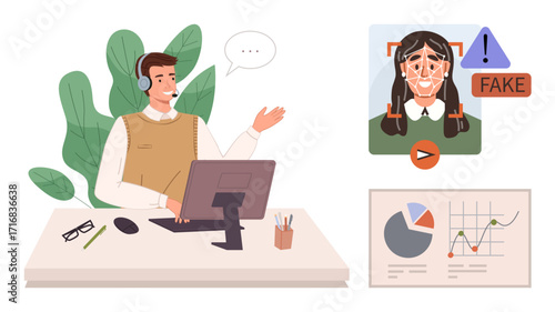 Focused agent at desk verifying a flagged identity during an online check. Ideal for identity, AI, cybersecurity, technology, fraud prevention, business communication, modern workspaces. A simple