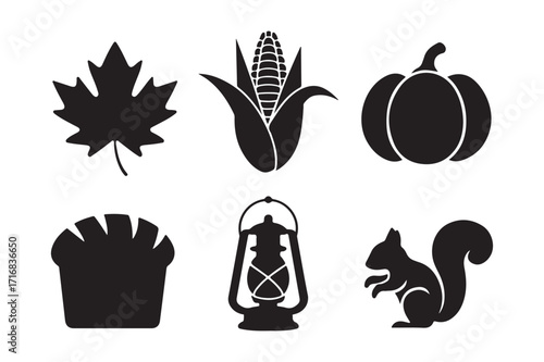 Autumn harvest icons featuring maple leaf pumpkin corn squirrel pie and lantern
