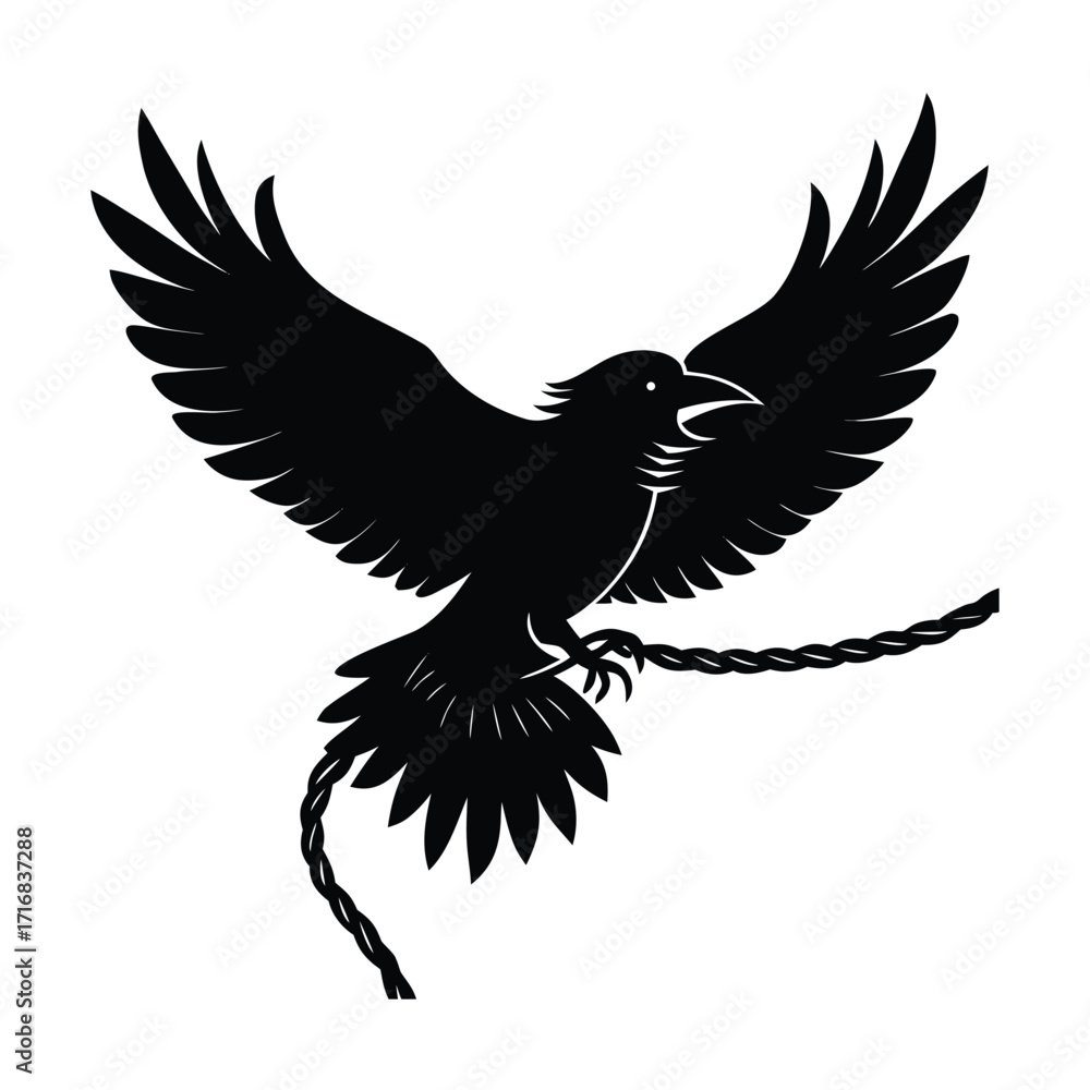 Fototapeta premium Crow flying above twisted wire with head tilted forward