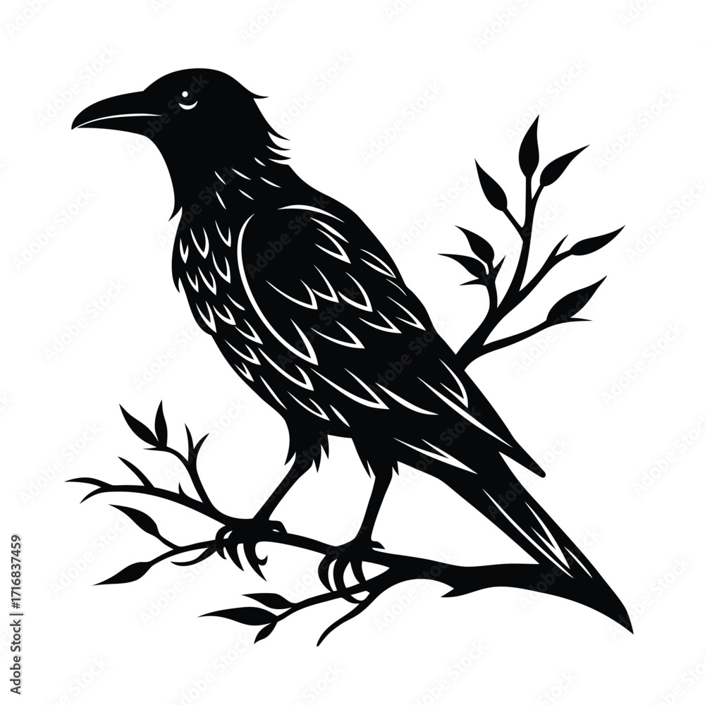 Fototapeta premium Crow perched on abstract branch head turned left banner advertisement