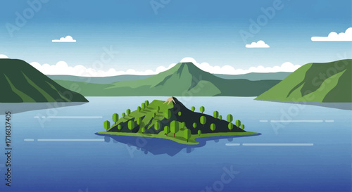 Discover a serene island getaway with lush trees and mountains under a clear blue summer sky