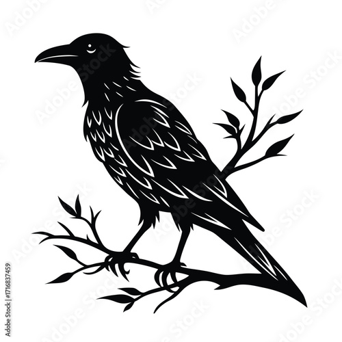 Crow perched on abstract branch head turned left banner advertisement