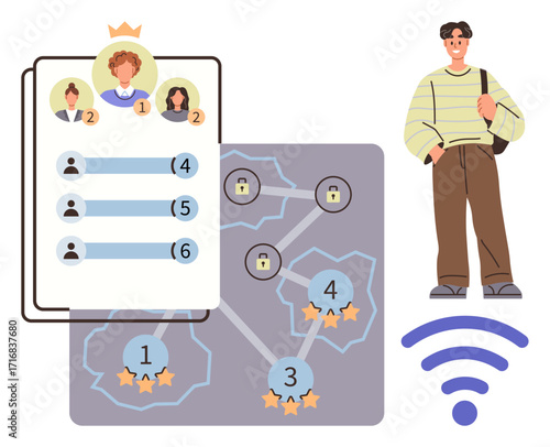 Leaderboard ranking users marked by a crown and stars, network nodes with locks indicate gamification and online security. Ideal for competition, ranking, teamwork, gamification, scorekeeping