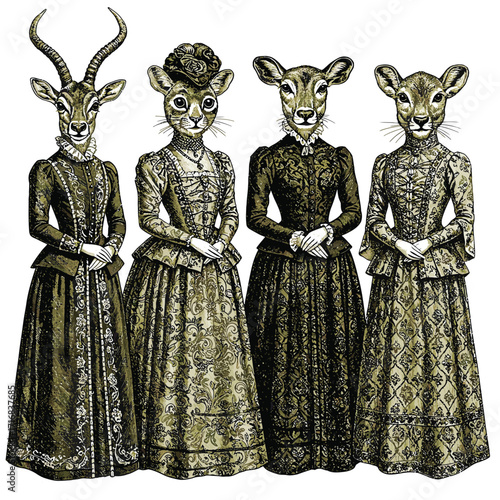 Anthropomorphic Animal Ladies in Victorian Dresses A Surreal Fashion Ensemble.
