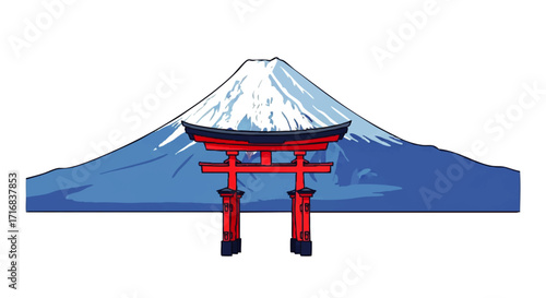 Majestic Mount Fuji behind a classic Japanese Torii gate evokes serenity and timeless beauty