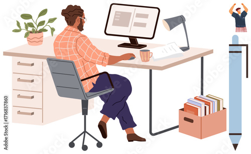 Man focused on computer work at desk with coffee, bookshelf, plant, and lamp. Ideal for productivity, office culture, remote work, organization, creativity modern workspace simple flat metaphor