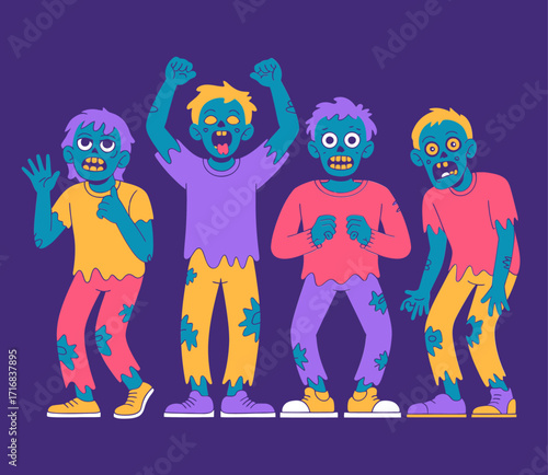 A group of four colorful cartoon zombies with blue skin and tattered clothes standing together.
