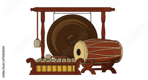 Explore traditional Indonesian musical instruments artwork featuring gamelan ensemble with gong and kendang