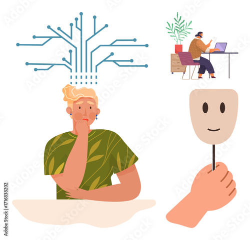 Thoughtful individual holding a smiling mask, with circuit-thumbs up branches symbolizing thoughts and a workspace scene nearby. Ideal for empathy, mental health, duality, technology, emotions