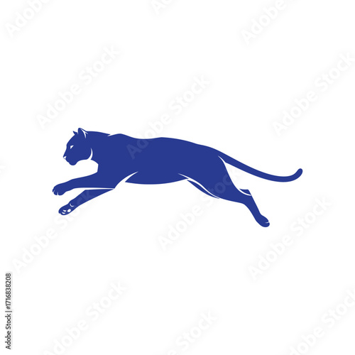 Blue panther silhouette leaping across white background representing speed and agility.