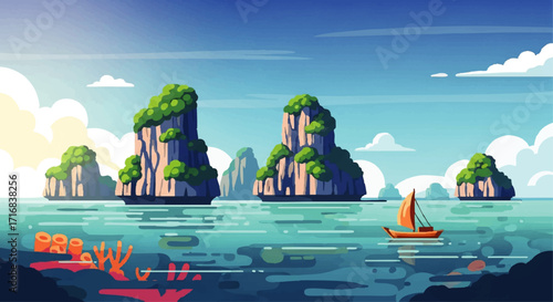 Sailboat gliding through stunning turquoise waters past lush tropical islands under a bright blue summer sky