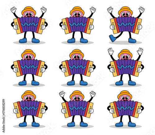 Cartoon illustration of a personified accordion character with various poses and expressions.