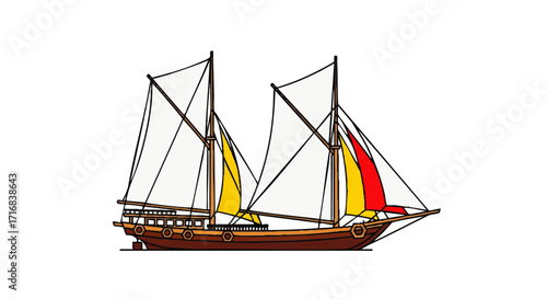 Majestic wooden schooner sailing on open water with vibrant red and yellow sails billowing