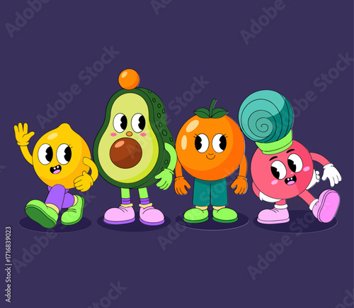 A group of four anthropomorphic cartoon fruits and vegetables standing and sitting against a dark purple background.