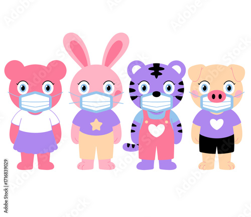 Cartoon animals wearing face masks to prevent the spread of germs.