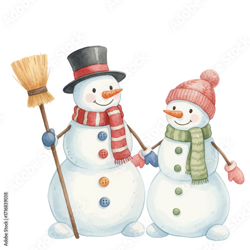Delightful couple of snowmen stand together vector illustration. One snowman wears top hat and striped scarf, other sports cozy pink beanie and green scarf