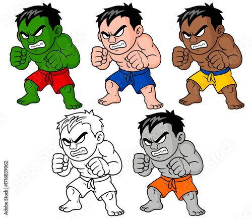 Cartoon illustrations of five different skin-toned muscular men in fighting stances, ready to brawl.
