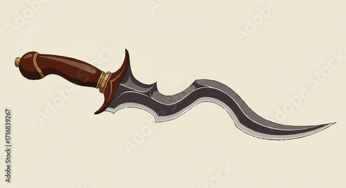 Intricately designed curved dagger with ornate brown handle and sharp metallic blade