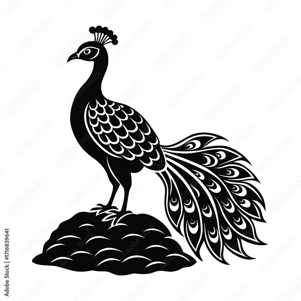 Fototapeta premium Majestic peacock standing on rock with flowing tail