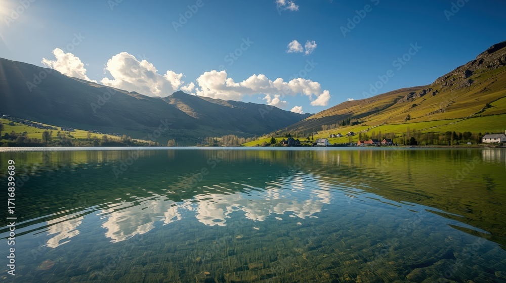 Obraz premium A serene lake reflecting a picturesque mountain range and a hillside village under a vibrant blue sky.